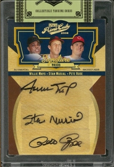 2008 Donruss Playoff Signature Trios Prime Cut Multi-Signed Card Featuring Willie Mays, Stan Musial and Pete Rose (#02/10)